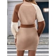 thumbnail image 4 of Women Colorblock Slim-Waist Knitted Bodycon Long Sleeve Fall Winter Casual Elegant Midi Sweater Dress Camel Color XL, 4 of 9