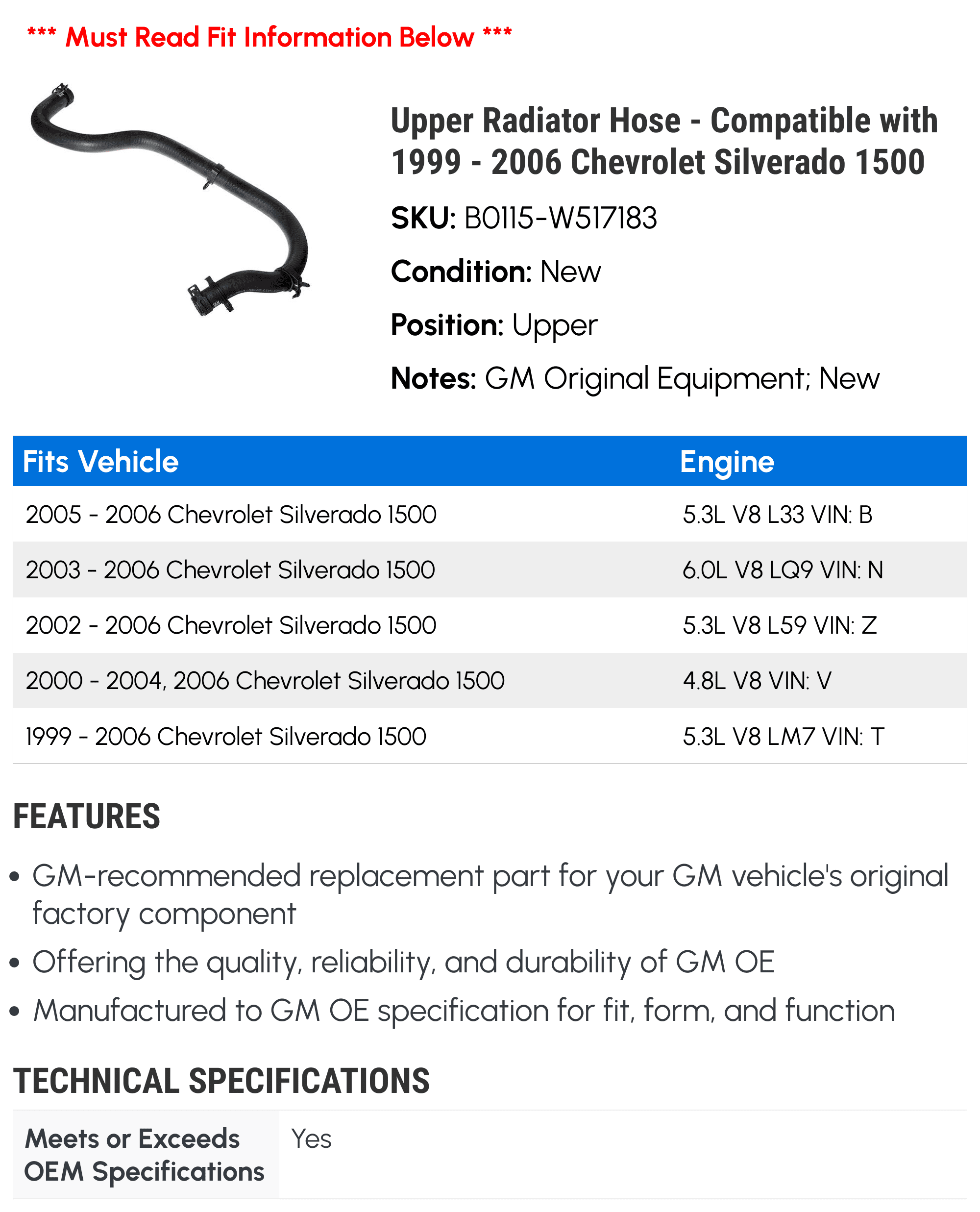 Upper Radiator Hose - Compatible with 1999 - 2006 Chevy Silverado 1500 2000 2001 2002 2003 2004 2005