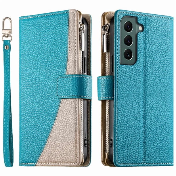 Funda cartera GANGXUN para Samsung Galaxy S22 Plus , cuero PU con tarjetero, cremallera, correa de mano, soporte y protección 648°