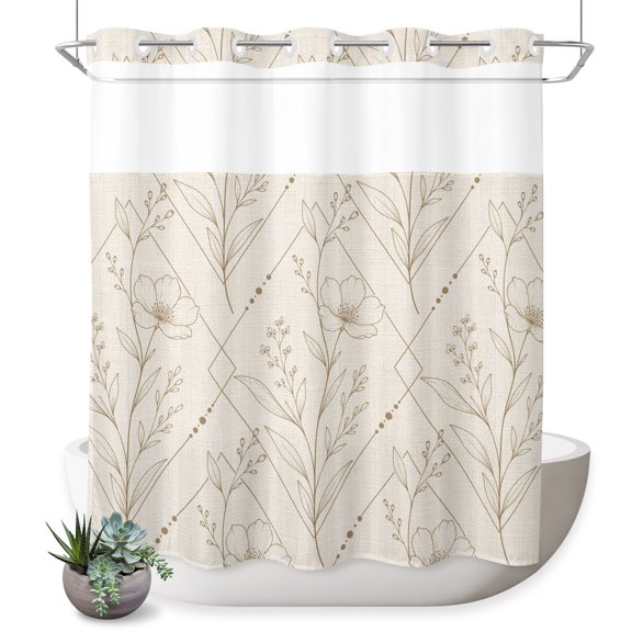 No Hook Shower Curtain, Vintage Botanical Shower Curtains for Bathroom with See Through Top Window, Rustic Simple Flowers Geometric Art Beige Waterproof & Washable Bath Curtain Standard 72"x72"