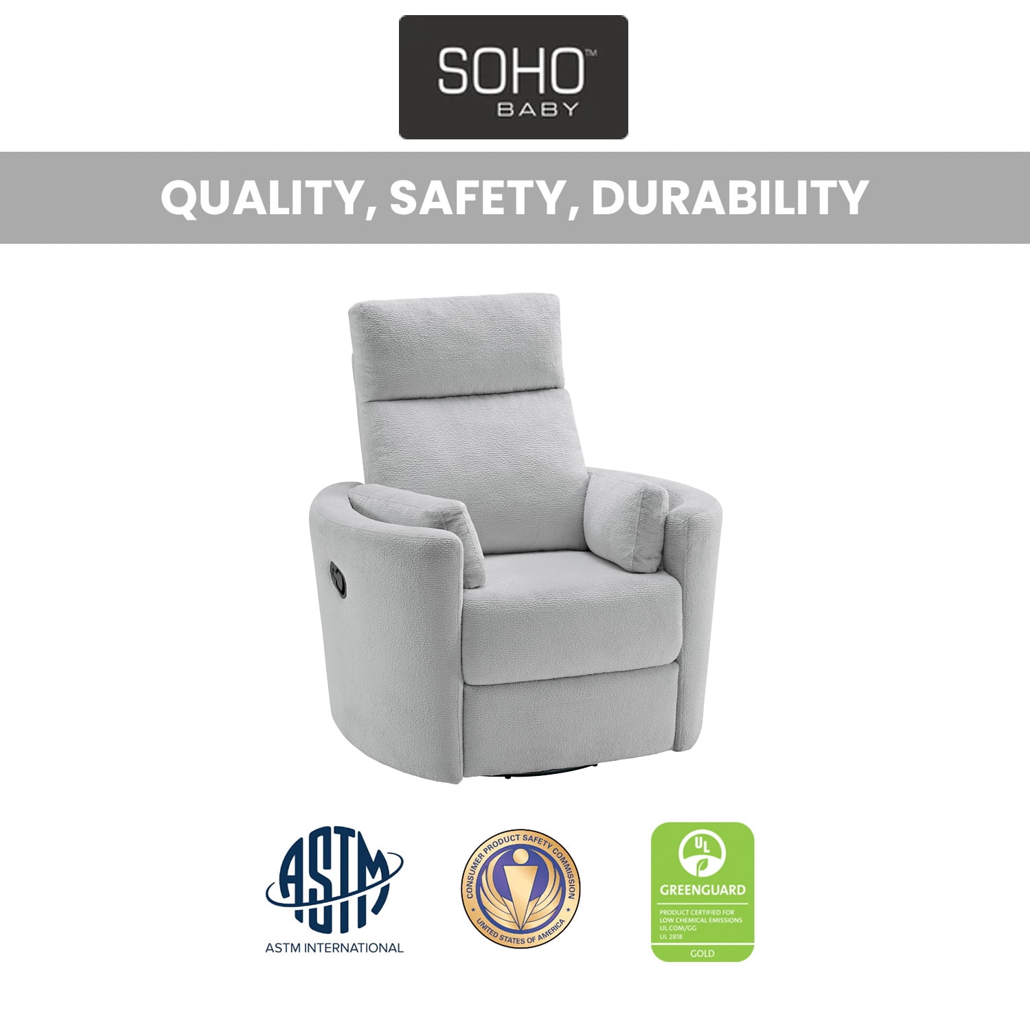 Soho Baby Nottingham Upholstered Glider Recliner Rocking Chair 360° Swivel for Nursery and Living Room – Plush Gray​