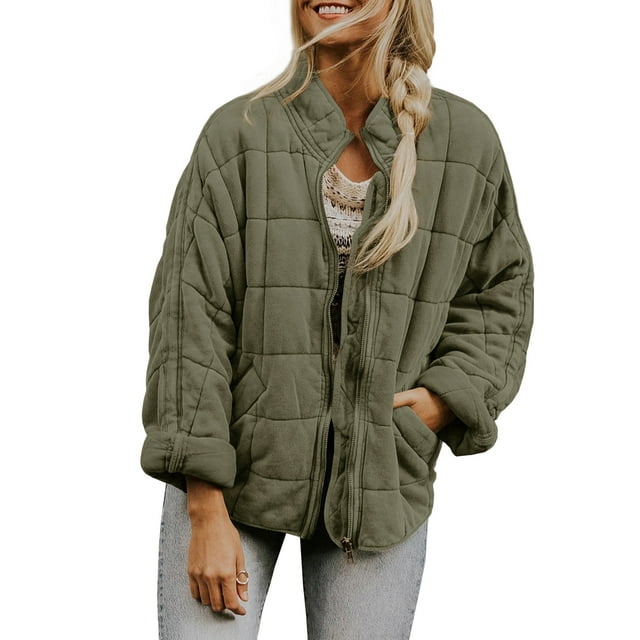 Kmbangi Women Stand Collar Long Sleeve Solid Color Full Zip Quilted Jackets