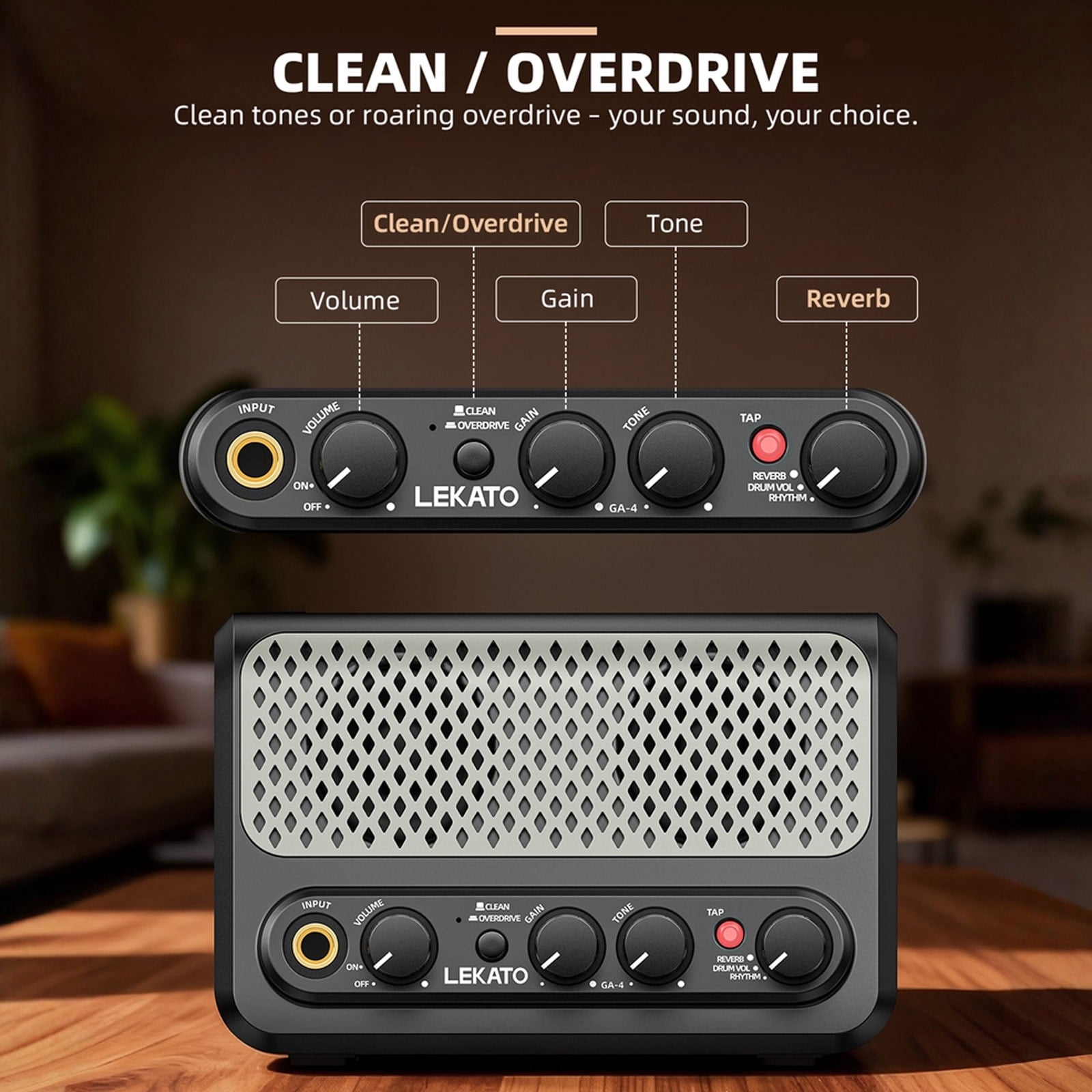 LEKATO GA-4 10W Portable Electric Guitar Amplifier with Clean & Overdrive Channel Reverb Bluetooth Mini Small Guitar Amp for Practice