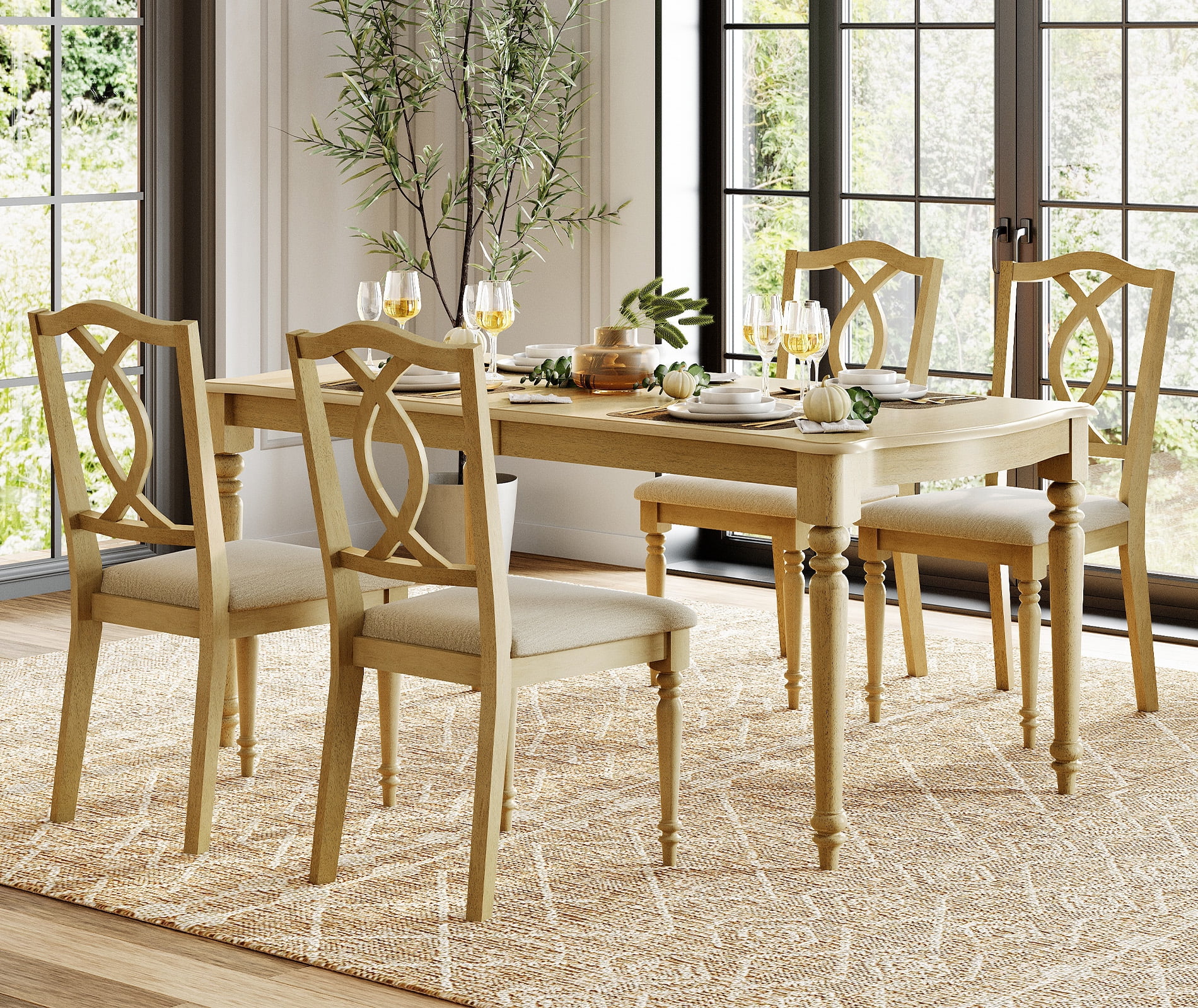 5 Piece Dining Table Set - Includes One Dining Table, 4 Wood Dining Chairs, Farmhouse Dining Set, Oak
