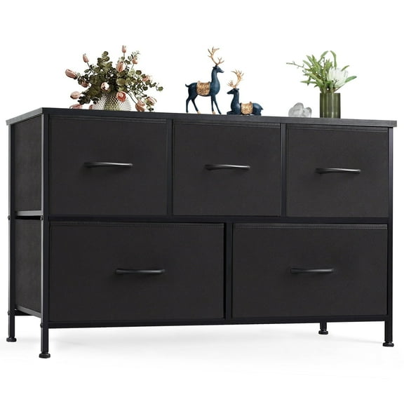 MCQ 5-Drawer Fabric Dresser with Metal Frame & Wood Top – Storage Organizer for Bedroom, Closet, Entryway, Black