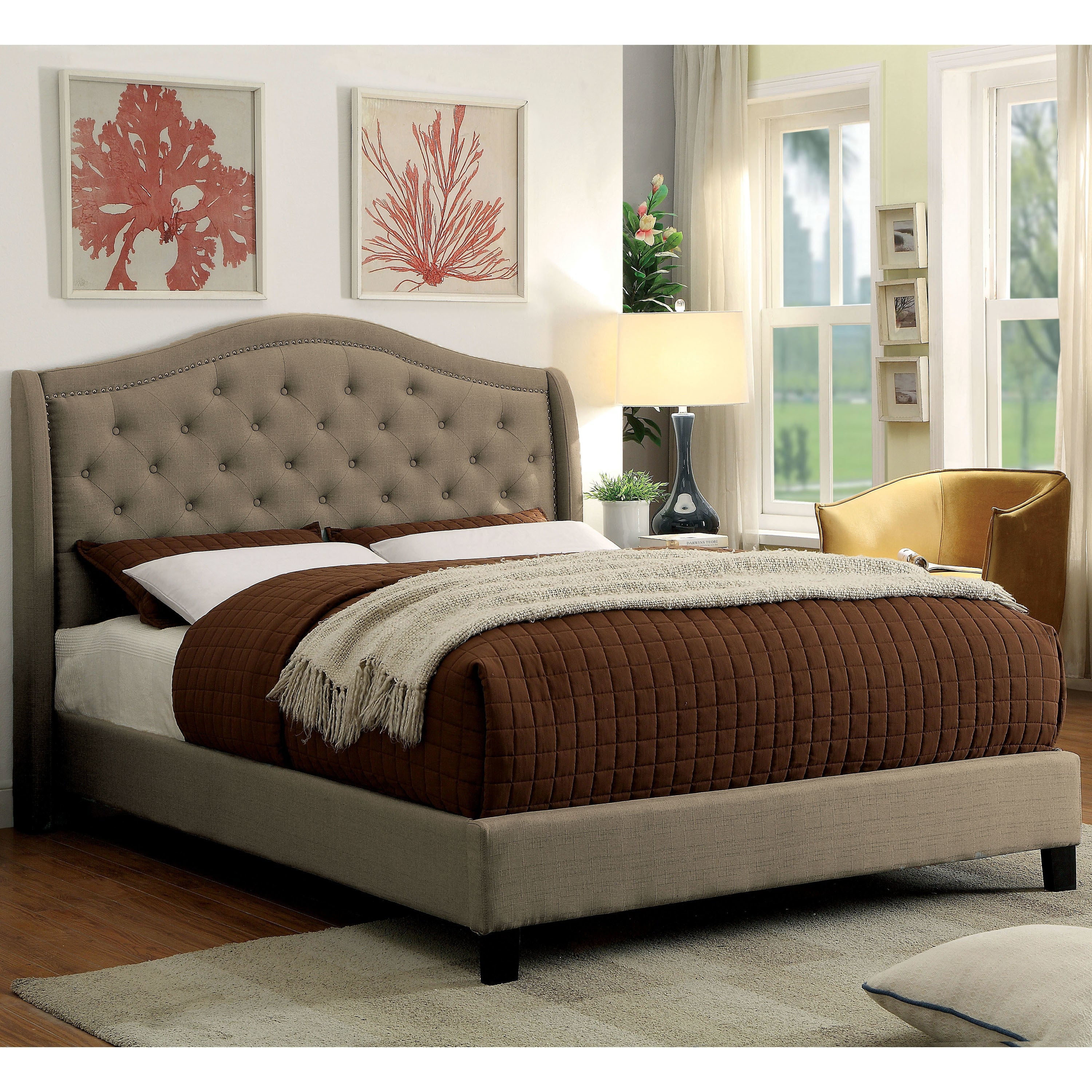 Furniture of America Wall Transitional Grey Fabric Tufted Platform Bed