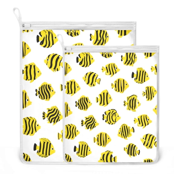 2 Pack Mesh Laundry Bags Yellow Black Fish Pattern Durable Polyester Wash Bags with Zipper 2 Sizes Reusable Delicates Bag for Washing Machine Travel Storage