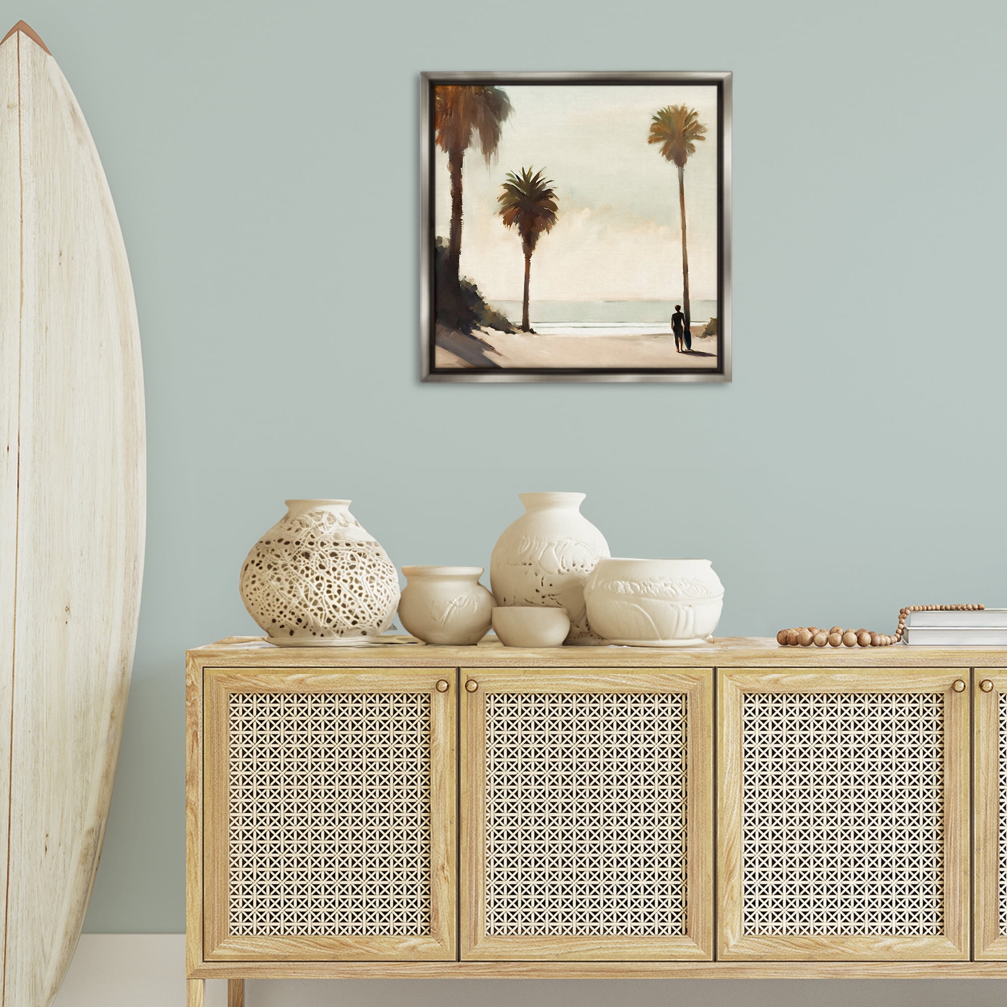 Stupell Industries Surfer with Tropical Palms Landscape & Nature Painting Gray Floater Framed Canvas Art Print Wall Art, 25 x 25