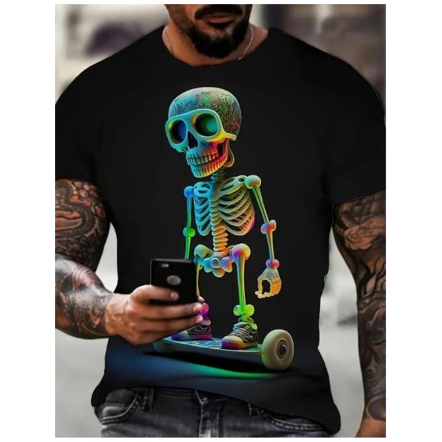 100% Cotton Men's Graphic T-Shirt, Cool Skeleton Skateboarding Design, Vibrant Print, Regular Fit, Casual Crew Neck Tee for Summer Daily Wear Menswear Top