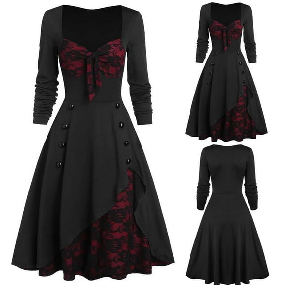Black and Friday Deals Clearance Turilly Women Plus Size Party Dress Flower Lace Insert Mock Button Bowknot Vintage Dress