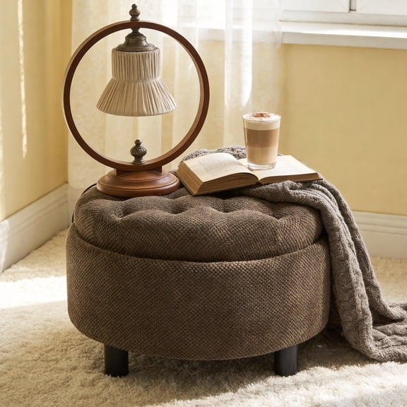 Noble House 25" Round Storage Ottoman with Removable Tray Top, Upholstered Coffee Table, Coffee Finish