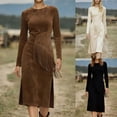 thumbnail image 2 of ClodeEU Women's Round Neck Long Sleeve Fringe Suede Slim Fit Western Style Midi Dress Brown,Womens Plus XL, 2 of 7