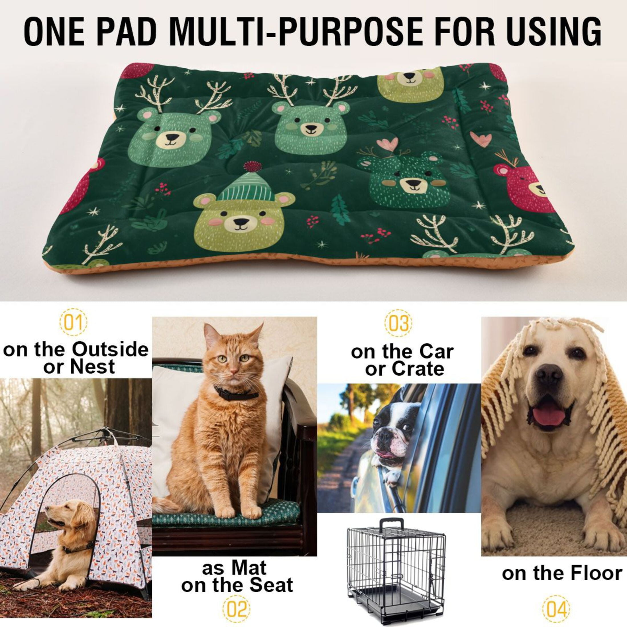 Cozy Mat Pet Bed Indoor Outdoor Warm Soft For Cat Dog Puppy(S/M) Bear Faces in Green