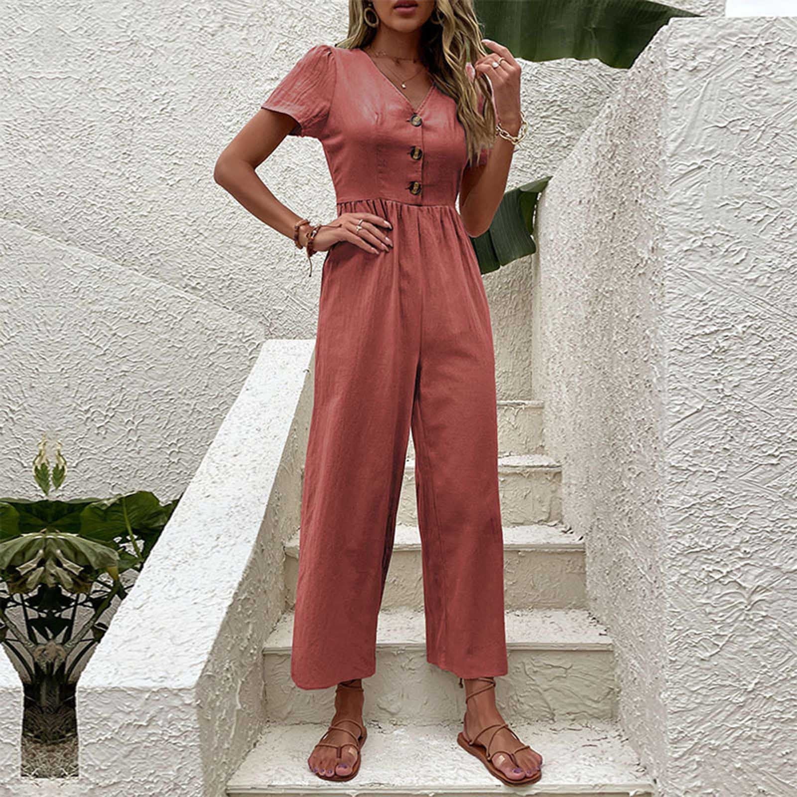 YWDJ Womens Jumpsuits Casual Short Summer Long Pant Ladies Travel  Comfortable 2023 Vacation Flowy Rompers Womens Jumpers and Rompers Casual  Solid Color Short Sleeve V Neck Red L 