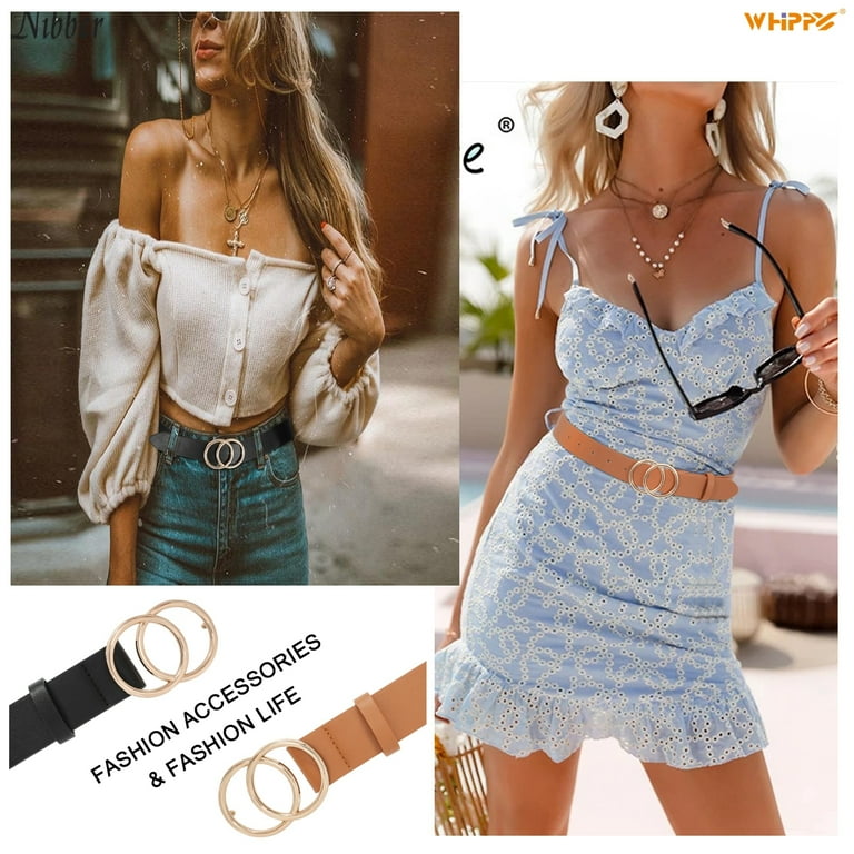 WHIPPY Women Leather Belt with Double Ring Buckle, Beige Waist Belt for  Jeans Dress 