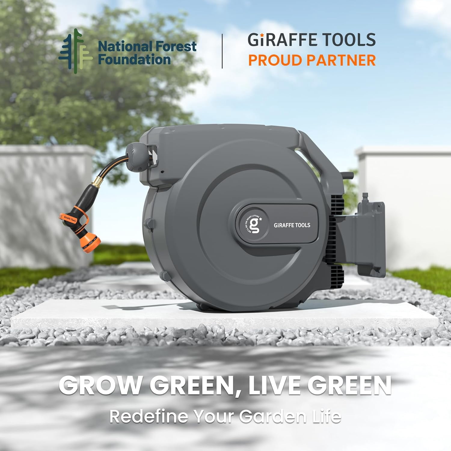 Retractable Garden Hose Reel 1/2 Inch x 155 with 5 ft Leader Hose, Heavy Duty, Any Length Lock, Slow Return System, Wall Mounted and 180 Deg Swivel Bracket