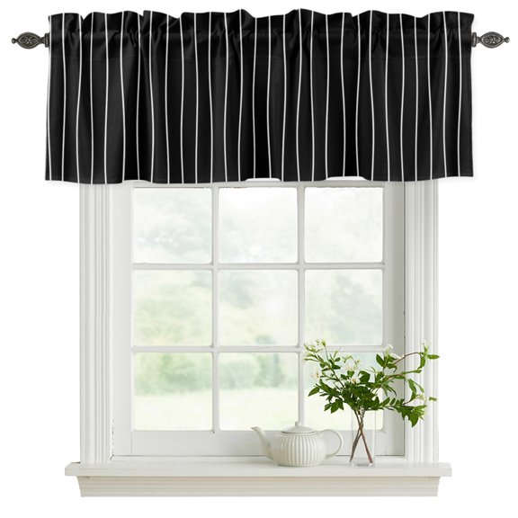 Abstract Black Stripe Valance Curtains for Windows 2 Pack, Minimalist Wavy White Vertical Stripes Light Filtering Rod Pocket Short Valance Curtains for Kitchen Bathroom, 60x18in
