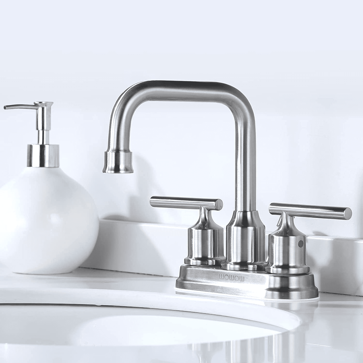 WOWOW 2 Handle Bathroom Faucet 4 Inch Centerset Bathroom Sink Faucets with Lift Rod Drain