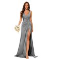 thumbnail image 3 of Vestidos de dama de honor con cuello en V y cintura fruncida de satén plisado vestido de fiesta formal YMS277, 3 of 5