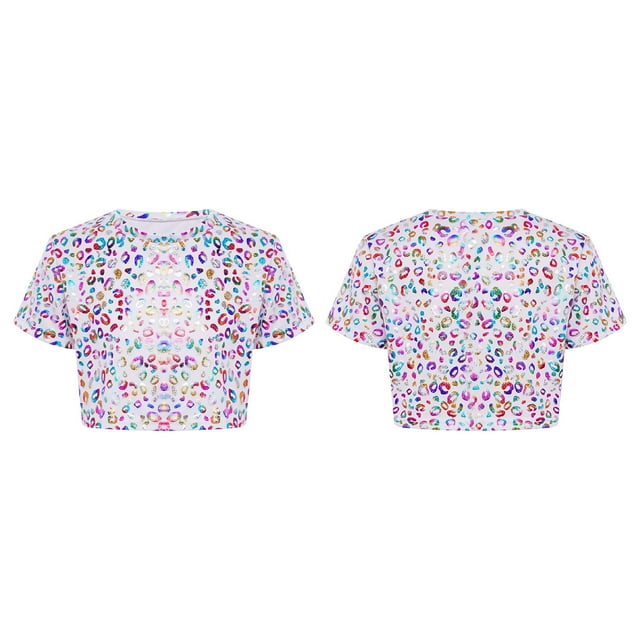Linjinx T-Shirt de Sport à Manches Courtes pour Fille, Jazz Hip-Hop Métallique, Danse de Rue, Vêtements de Cheerleading Colorés 110