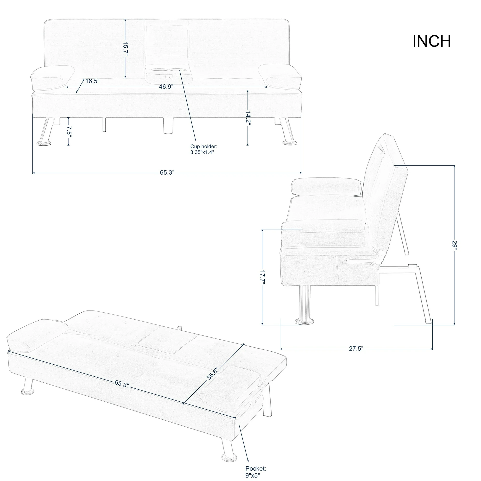 BSHTI Futon Convertible Sleeper Sofa Bed,With 3-Position Adjustable Backrest,Upholstered in PU Fabric,a Side Storage Pocket,Twin-Size Sleeper Sofa,Black