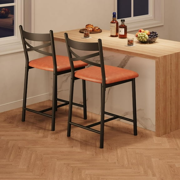 Bar Stools Set of 2, Upholstered Bar Chairs with Back and Footrest, Thick Cushion, Counter Height Barstools for Kitchen Island, Brown