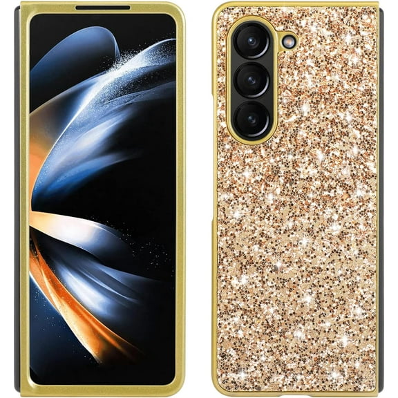 Bling Case for Samsung Galaxy Z Fold 5 5G,Slim Galaxy Z Fold 5 Case Women Girly Cute Sparkly Glitter Sequins Crystal Diamond Hard PC Back Flexible TPU Bumper Case,Gold