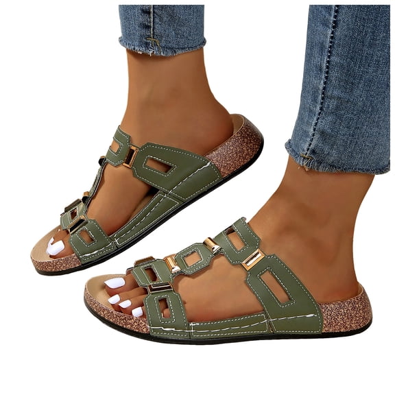 Slide Sandals Women Comfy Cork Footbed Orthopedic Slippers Fashion Cutout Splice Leather Slip on Flat Beach Shoes Green Size 9.5