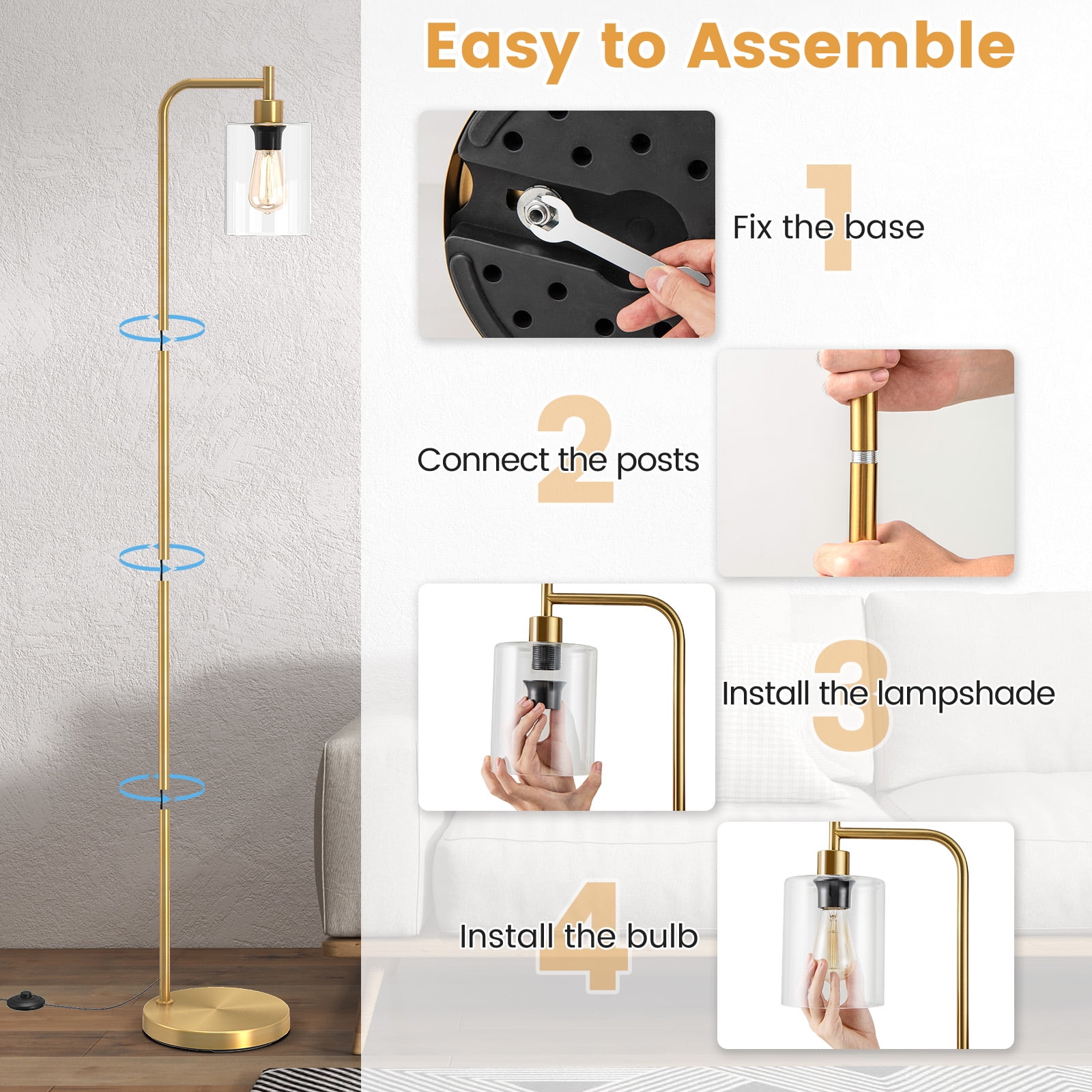 Giantex Industrial Standing Floor Lamp, Modern Reading Lamp w/Clear Glass Lampshade & Foot Switch, Tall Pole Lamp, Gold