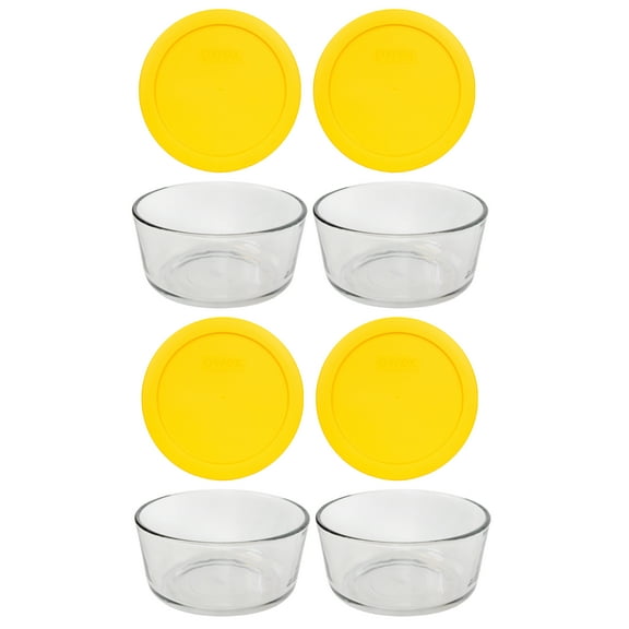 Pyrex (4) 7201 4-Cup Clear Glass Storage Bowls and (4) 7201-PC Meyer Lemon Yellow Plastic Lids