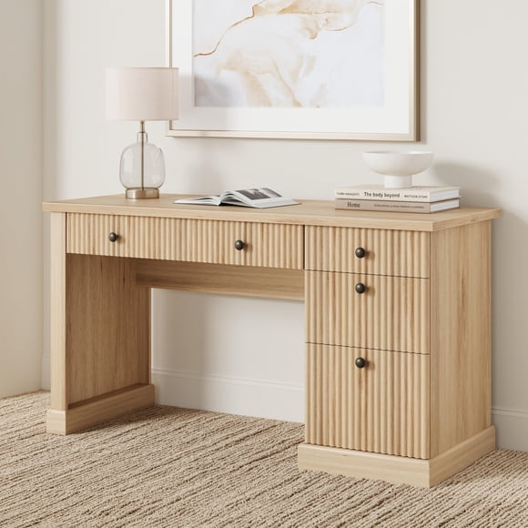 Yiwa Modern 54" Executive Desk, Fluted Wooden Computer Desk with Storage Drawers and Charging Station