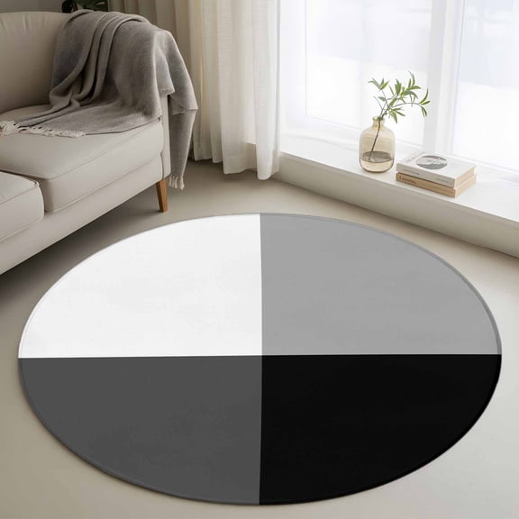 Modern Black Grey Round Area Rug 3.3Ft Washable Circle Rugs for Dining Room Table, Abstract Minimalist Geometric Plaid Non-Slip Carpet Floor Mats Indoor Outdoor Carpet Runner Aesthetic Home Decor