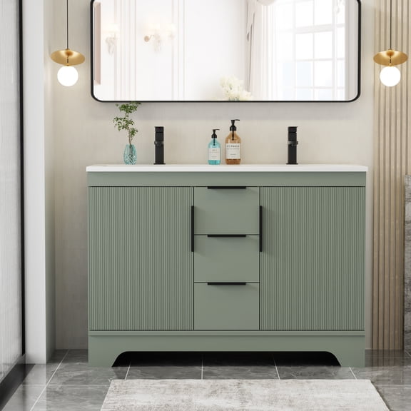 Eclife 48-inch Double Sink Bathroom Vanity with Integrated Tops, Soft-Close Hinges, Fluted Door Design, Mid-Century Modern