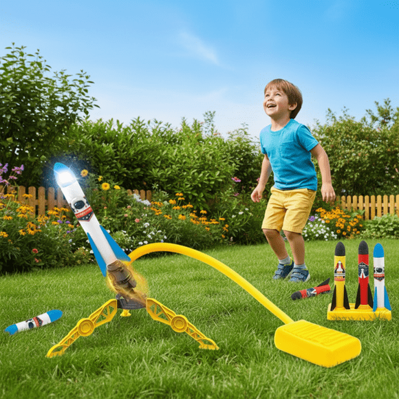 LivinVeluris Jouet Lanceur de Fusée pour Enfants avec 4 Fusées en Mousse - Lanceur Jouet d'Extérieur pour Jeux de Cour Arrière - Support de Lancement Ajustable pour un Plaisir de Vol en Hauteur - Cadeau pour Garçons et Filles