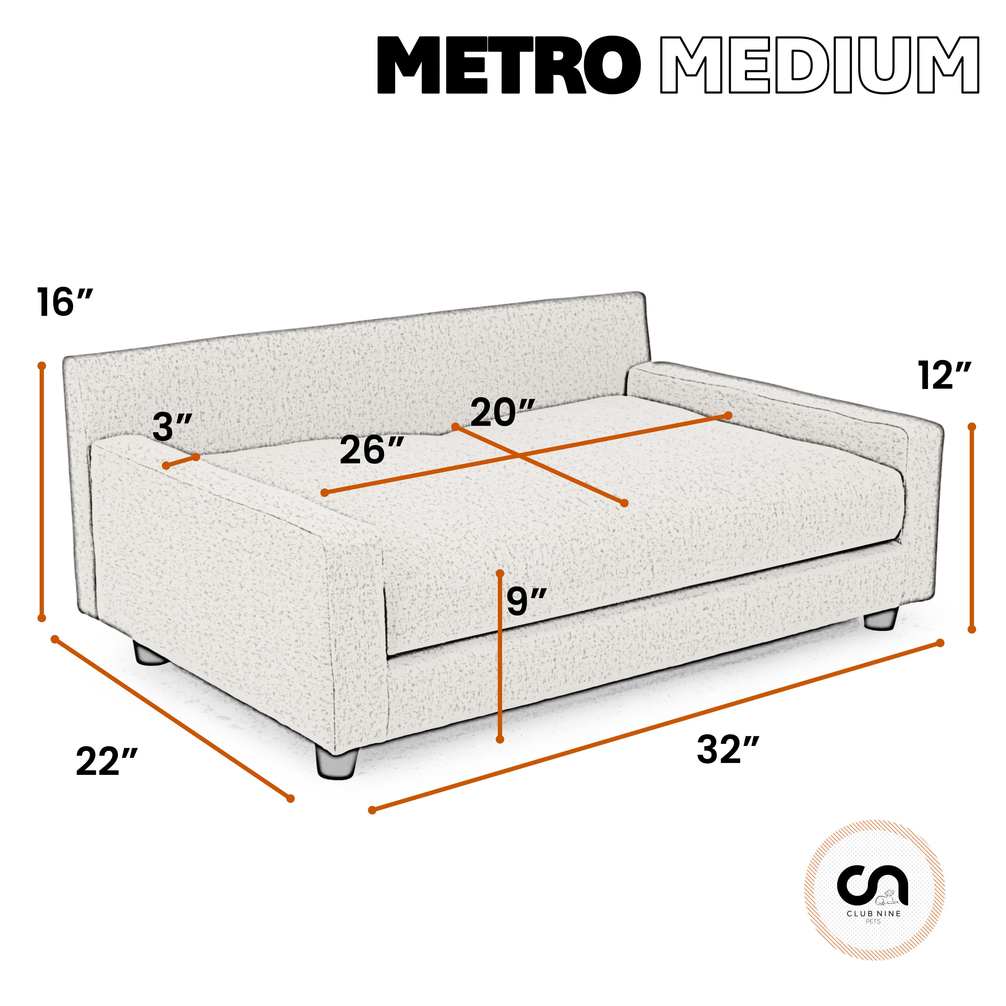Club Nine Pets Metro Orthopedic Dog Bed, Sofa Style, Medium, Ivory.