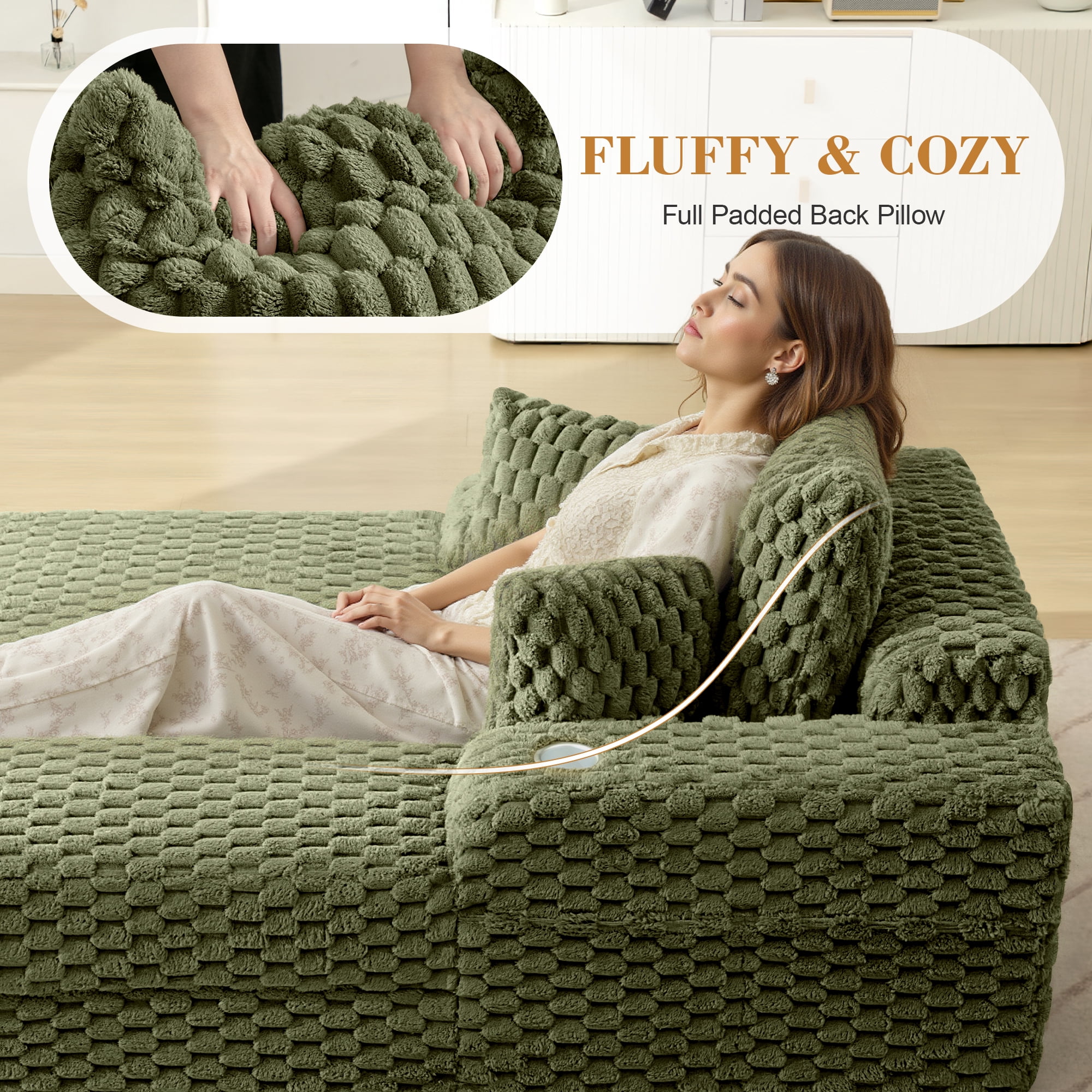 COOLHUT 46.7" W Oversized Floor Chaise Lounge Chair Sofa with Cup Holders, Cloud Plush Floor Sofa Bed Upholstered Deep Seat Sleeper Reading Chair Couch for Living Room, No Assembly, Olive Green