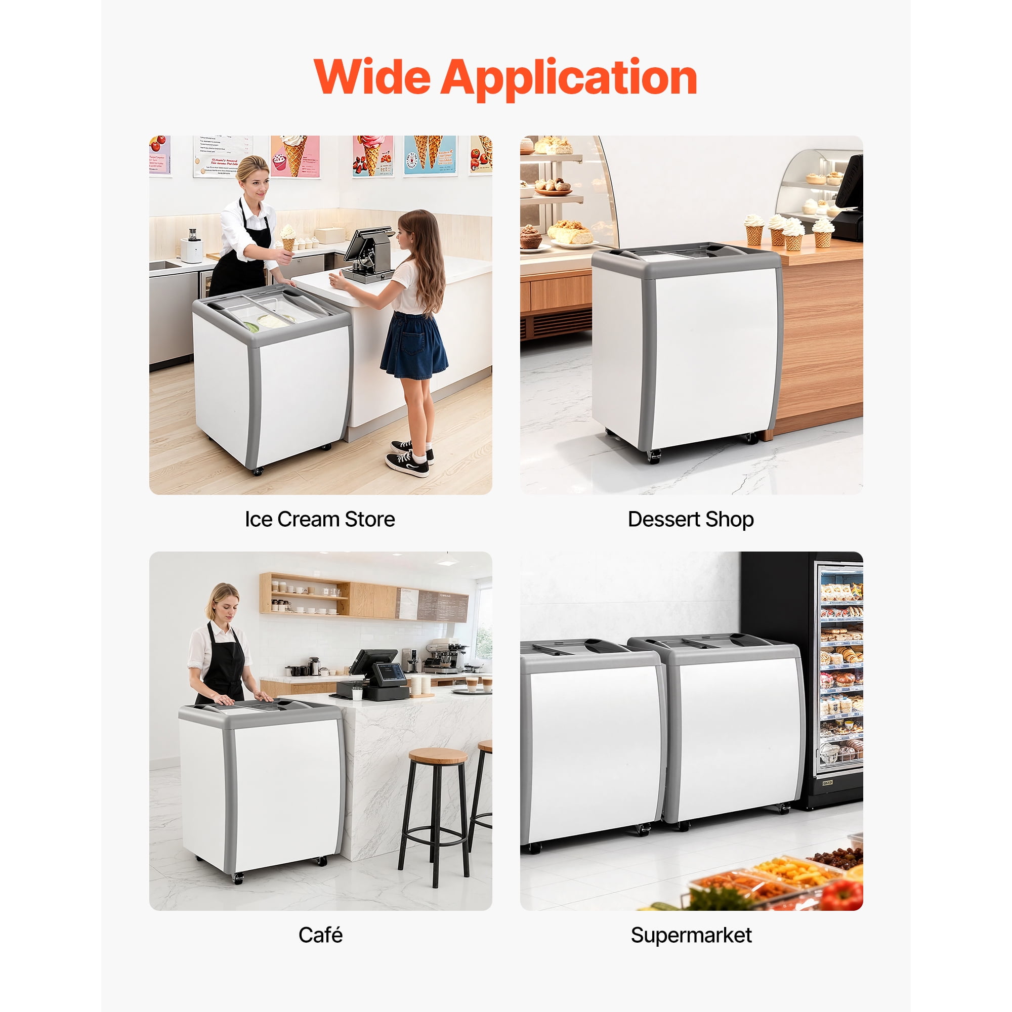 KFFKFF Commercial Ice Cream Display Case, 5.6 Cu.ft Chest Freezer, Gelato Dipping Cabinet for Restaurants, Deep Freezer with Casters, Sliding Glass Door, LED Lighting, Fits 4 Ice Cream Tubs
