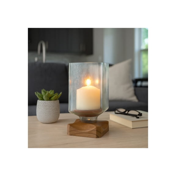 Decorative Wood and Glass Candle Holder Hurricane - Contemporary Pillar Candlestick Holder for Dining Table Centerpieces - Stylish Home Decor Accent for Bookshelf or Entryway Decor - 9", Brown