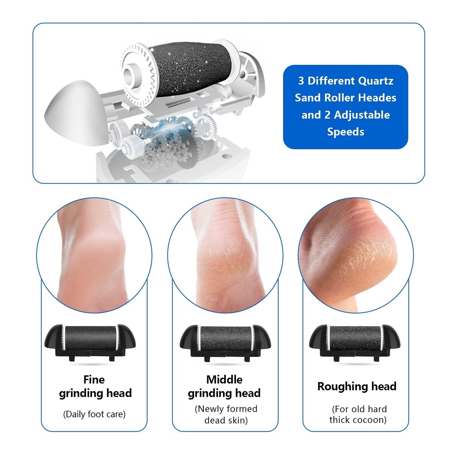 Electric Foot Callus Remover Kit,Rechargeable Callous removers 3 Grinding Heads Waterproof Foot Scrubber File, Professional Pedicure Tools kit Feet Care for Dead, Cracked Dry Skin