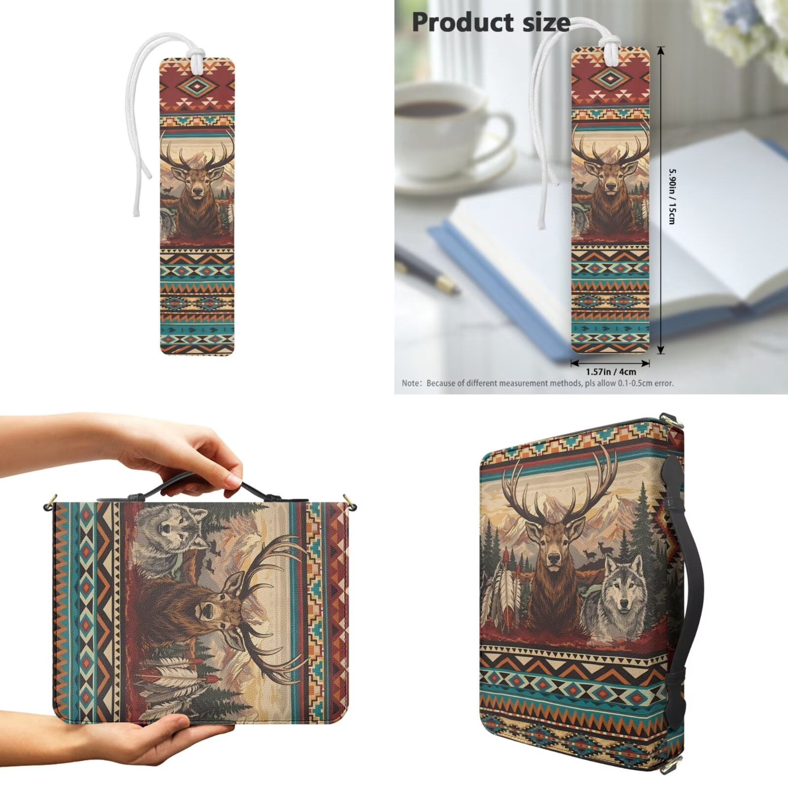 Kuiaobaty Aztec Wolf Print Bible Covers for Women Men Deer Tribal Style Print Carrying Book Case Church Bag with Handle and Strap Scripture Case with Bookmark for Church, Brown