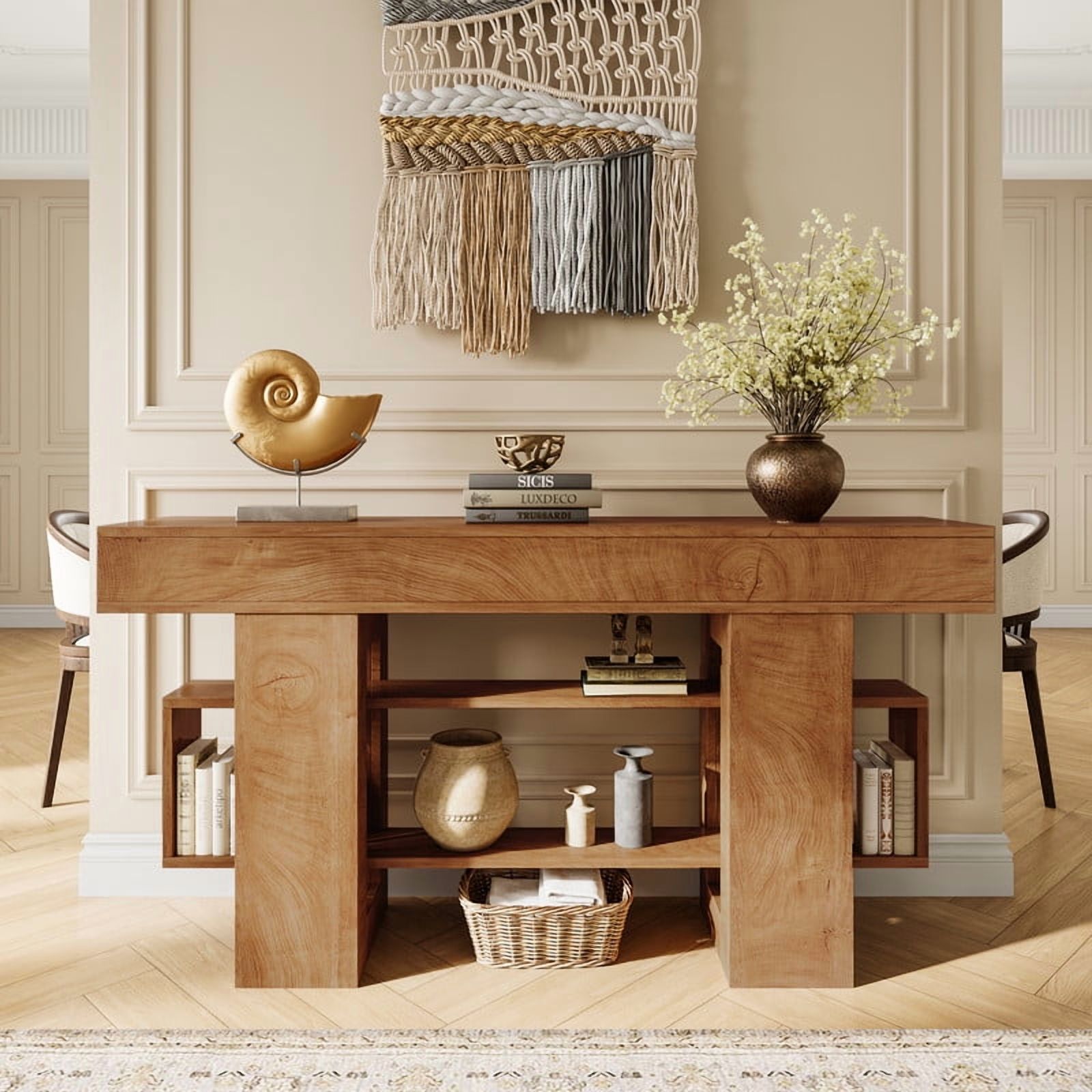 Einhomn 63" Farmhouse Wood Console Table, Modern Entryway Table with Open Storage for Behind Couch, Living Room