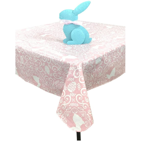 Serafina Home Easter Bunny Vinyl Tablecloth, Colorful Spring's Decorative Patchwork Bunnies - Flannel Backed Vinyl Tablecloth (52" x 90" Inch, Pink)