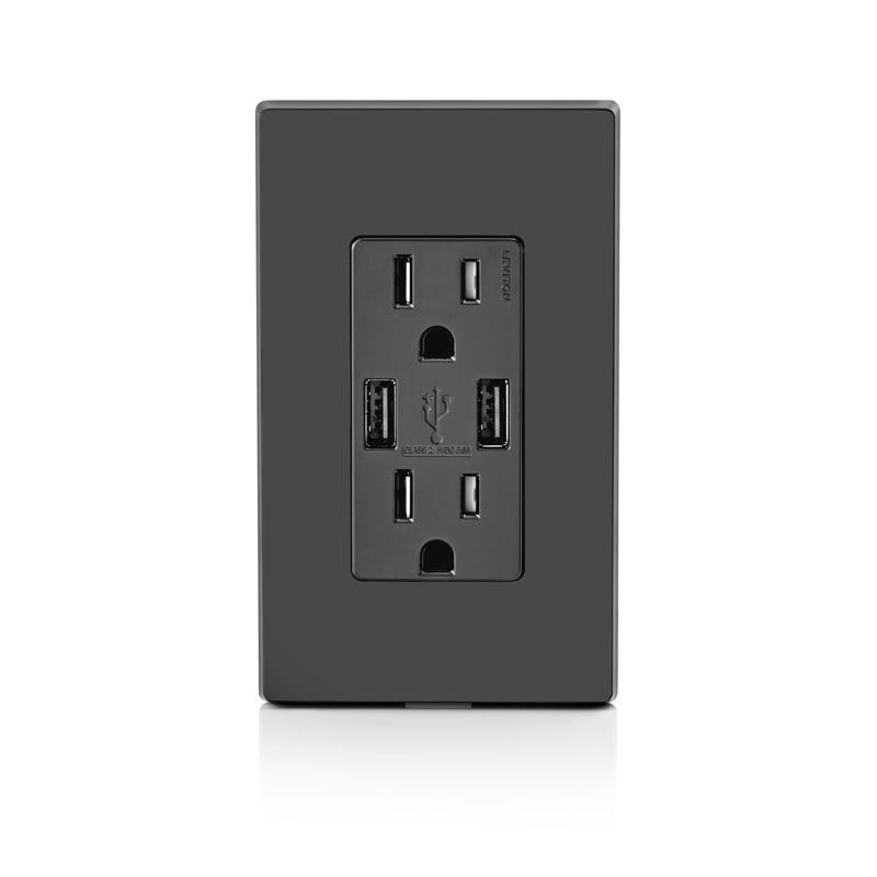 Leviton Decora 3.6A 5V Black 2-Port USB Charging Outlet with 5-15R Tamper Resistant Duplex Outlet — Indoor & Outdoor Use, NEC-Compliant