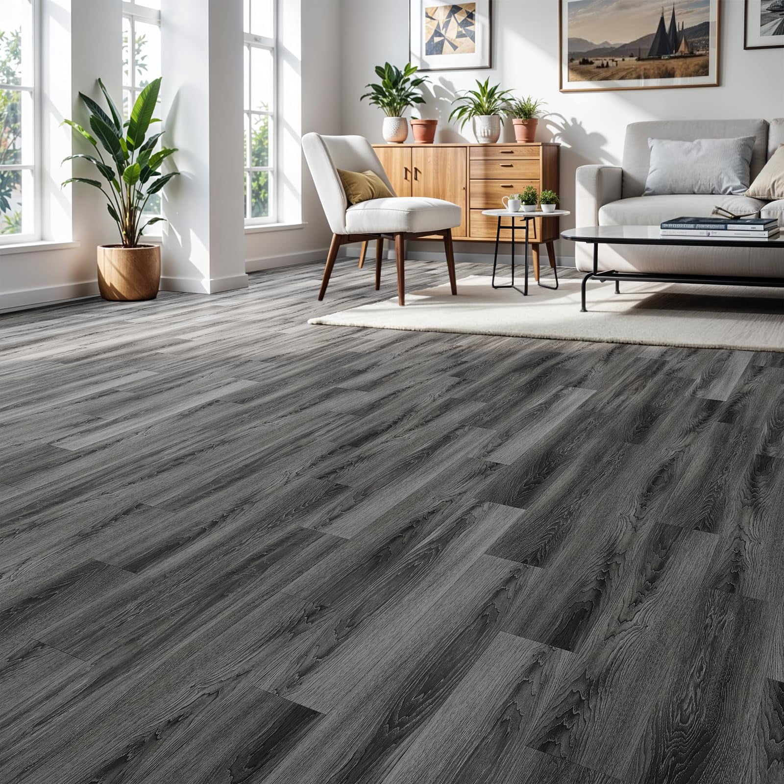 Peel And Stick Floor Tile Vinyl Flooring  Waterproof Plank 36-pack 54 Sq.ft Wood Grain Self Adhesive For Bedroom Living Room Kitchen Rv(deep Gray)