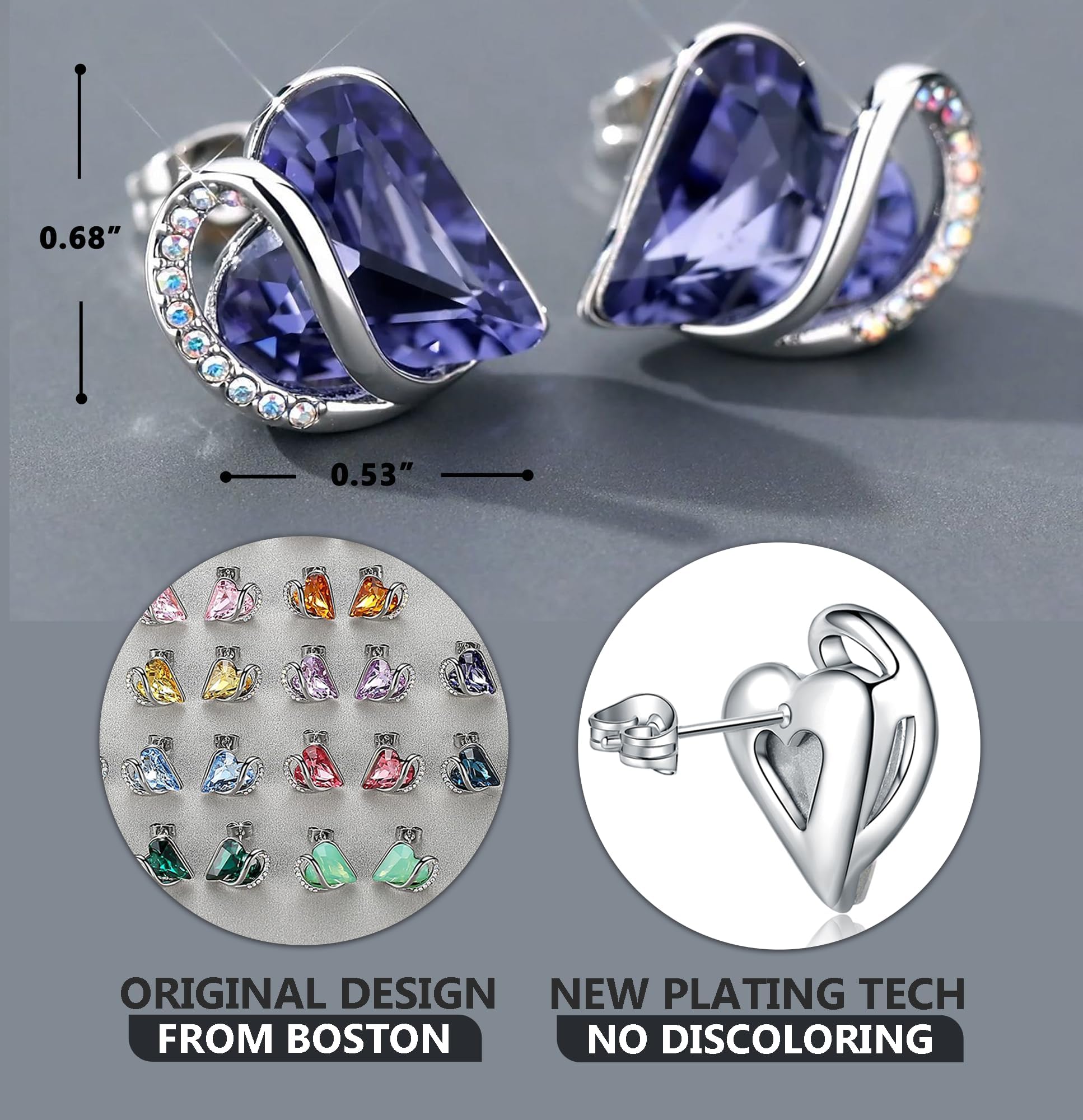 Leafael February Birthstone Crystal Earrings for Women, Tanzanite Purple Stone Stud Pierced Earring, Silver Plated Heart Birthday Gifts for Mom, Mother, and Young Adult