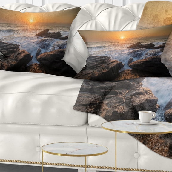 Designart Sunset over Rocky Seashore - Beach Photo Throw Pillow - 12x20