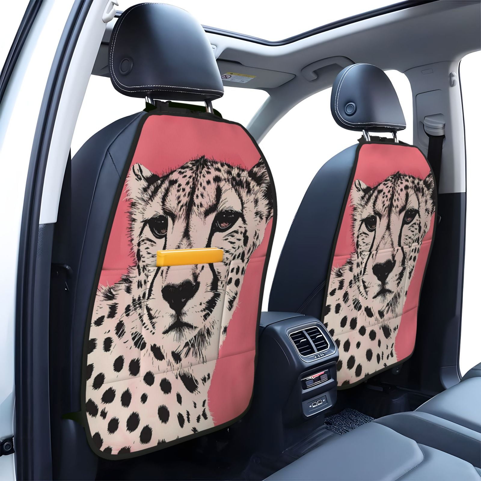 Xecao Pink Cheetah Art Pattern Car Seat Back Protector 2 Pack Large Capacity Pocket, Kick Mats Back Seat Protector