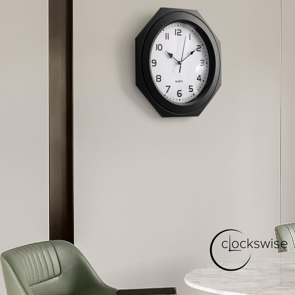 Clockswise 12-inch Non-Ticking Octagon Plastic Analog Wall Clock - Elegant Decorative Accent for Home Décor in Bedroom, Bathroom, Living Room, Dining Room, Entryway, Hallway, Kitchen or Office, Black