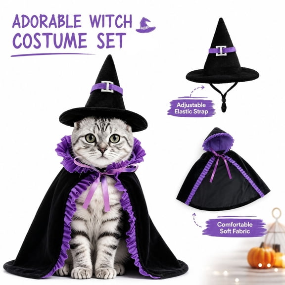 Halloween Cat Witch Costume Set,Adjustable Hat & Hooded Cloak Accessories,Cute Cosplay Outfit for Kittens,Small Dogs,Puppy Halloween Party and Holiday Dress‑Up Purple