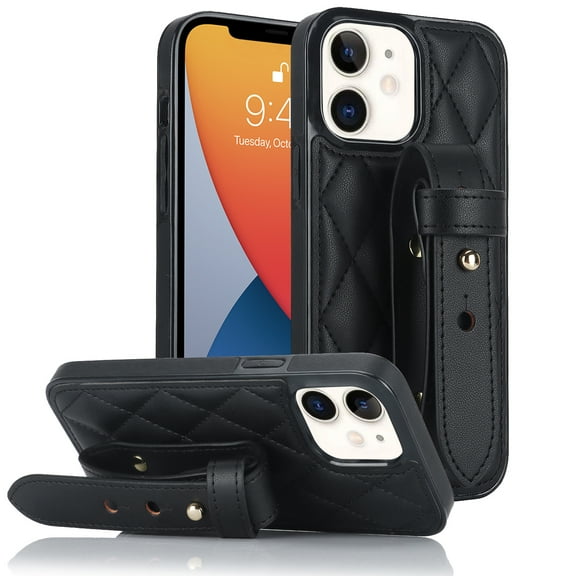 ELEHOLD Luxury Leather Case for iPhone 12 Premium Leather Case with Adjustable Non-Slip Wristband Full Body Case Shockproof protective Cover for Women Girls,black
